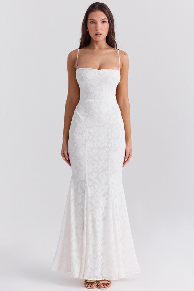 Lace Corset Square Neck Spaghetti Strap Mermaid Maxi Gown 6