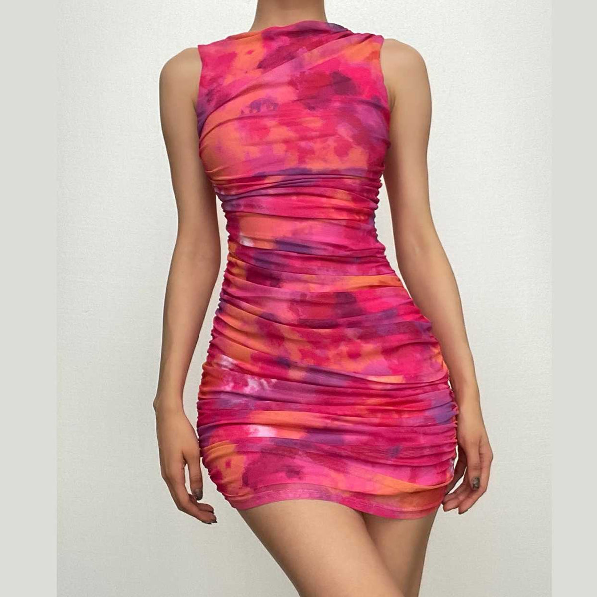 Crewneck Sleeveless Ruched Abstract Tie Dye Mesh Mini Dress 3
