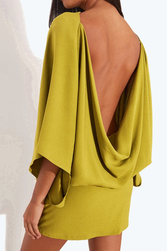 Deep Back Cowl Neck Draped Wing Sleeve Loose Mini Dress 6