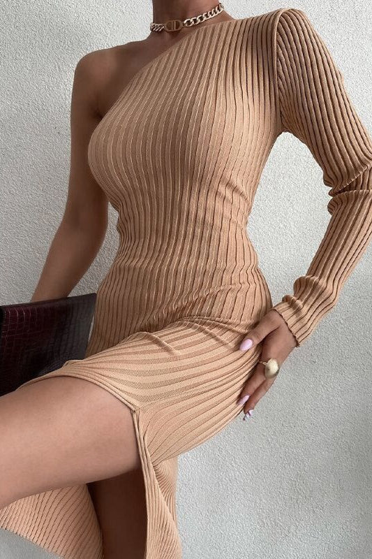 Ribbed Knit One-Shoulder Long Sleeve Slit Bodycon Mini Sweater Dress