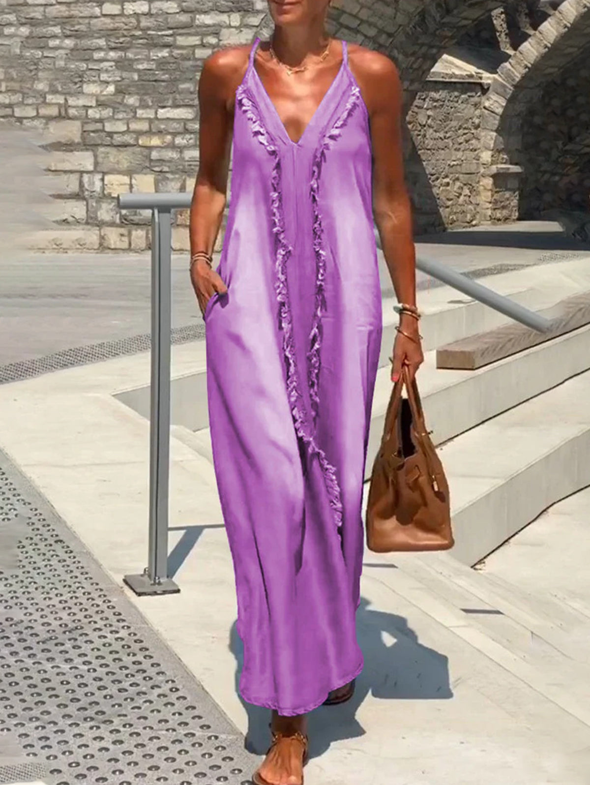 Deep V Neck Spaghetti Strap Frayed Trim Side Pocket Maxi Dress 5