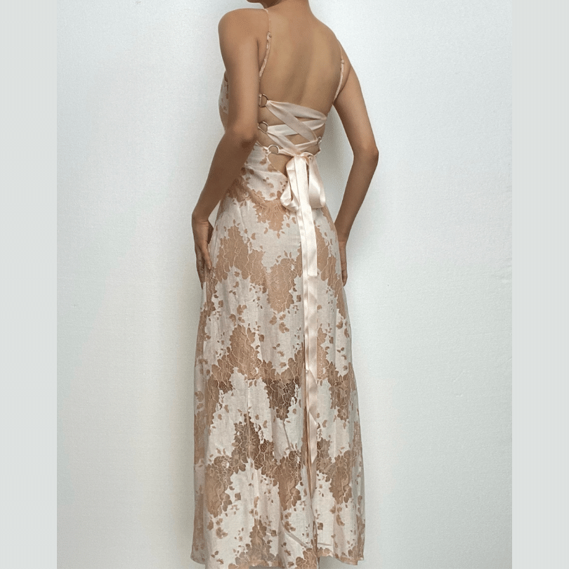 Floral Lace Open Back Ribbon Corset Lace Up Maxi Dress