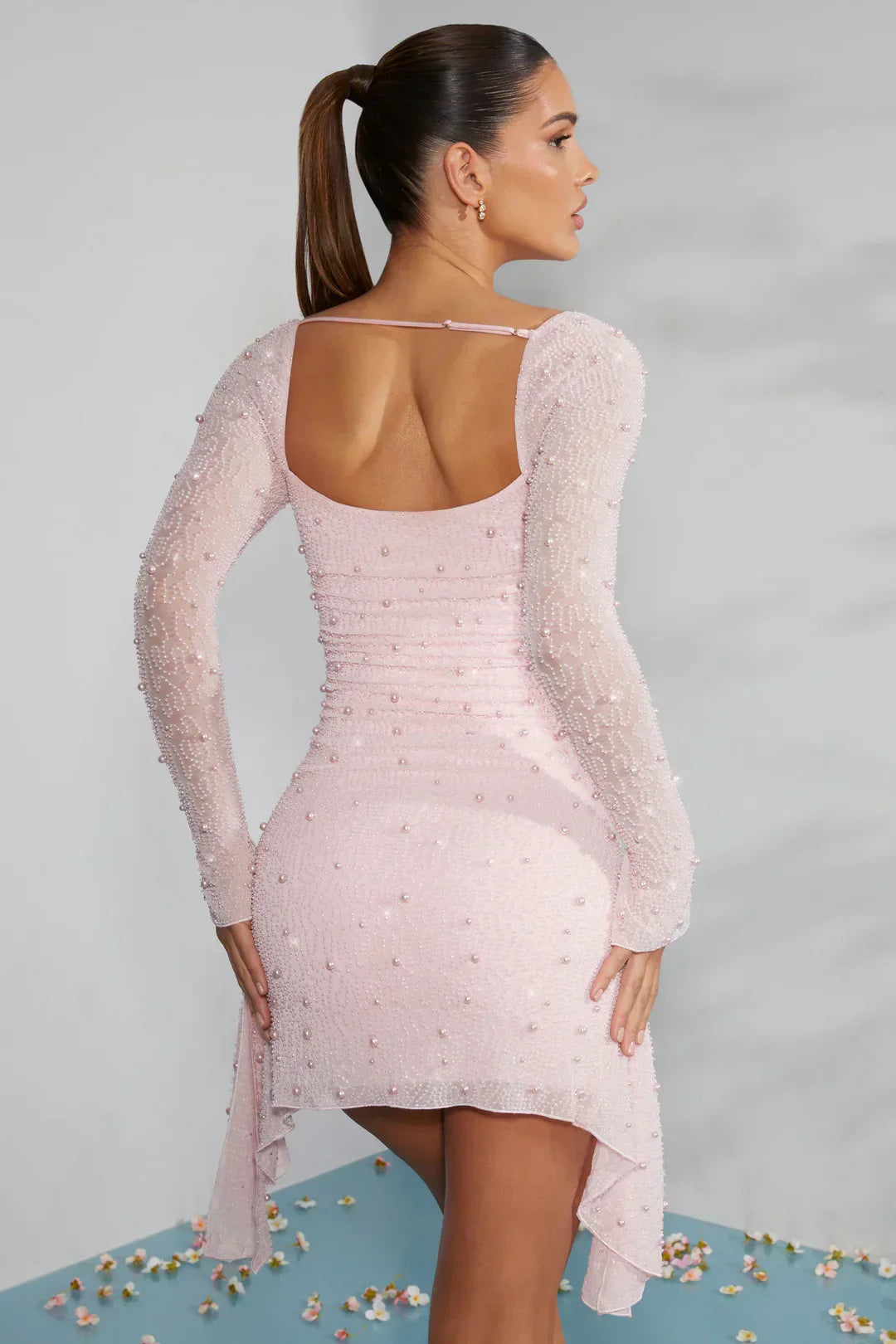 Square Neck Pearl Bead Ruched Slit Cuff Asymmetric Drape Mini Dress 3