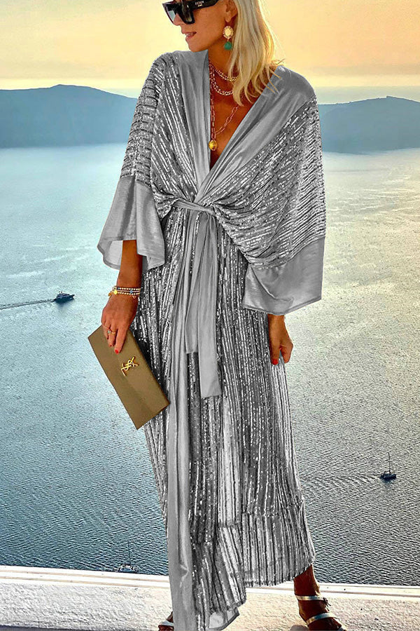 Sequin Kimono Sleeve Wrap Tie Waist Floor Length Maxi Gown 2