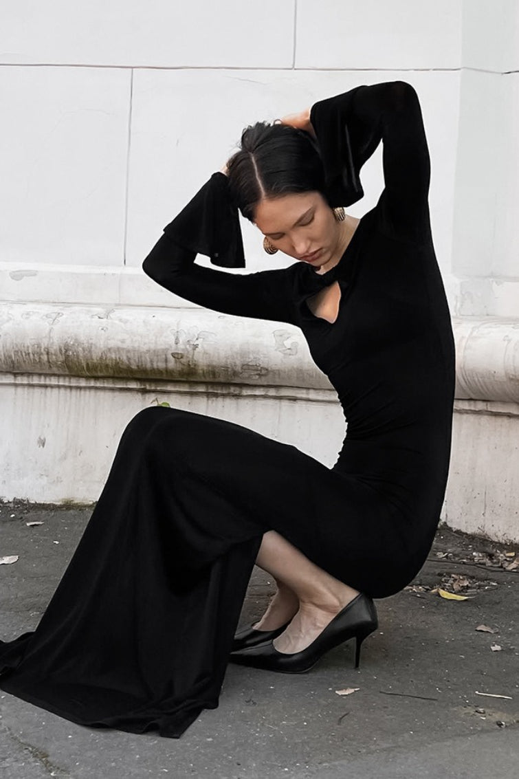 Mock Neck Keyhole Cutout Long Sleeve Flared Cuff Bodycon Maxi Dress 5