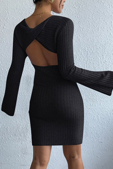 Rib Knit Scoop Neck Flare Sleeve Backless Bodycon Mini Sweater Dress 6