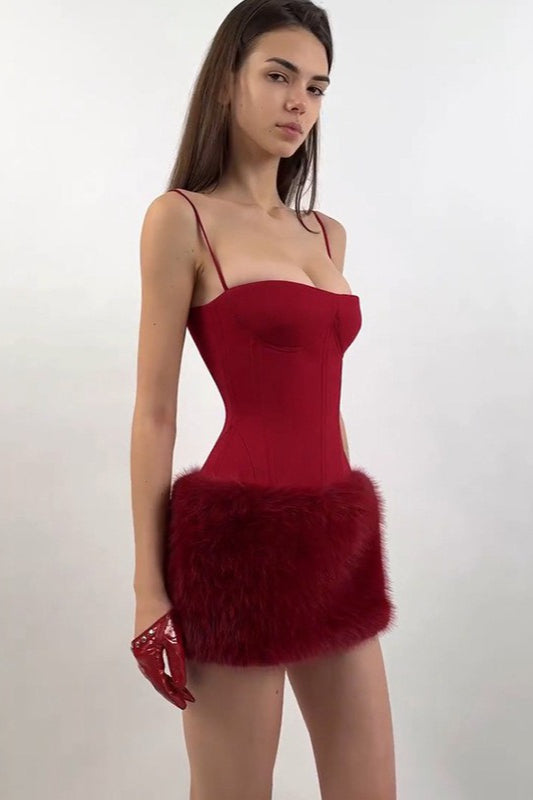 Spaghetti Strap Corset Bustier Faux Fur Trim Bodycon Mini Dress 3