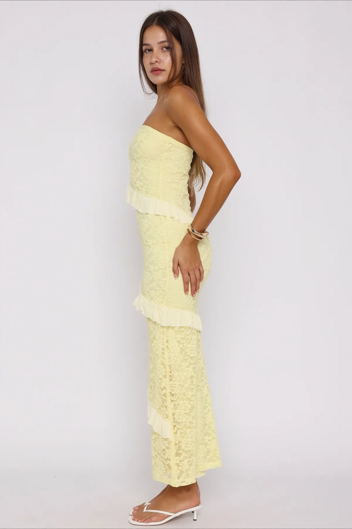 Strapless Diagonal Ruffle Overlay Floral Lace Bodycon Midi Dress 6