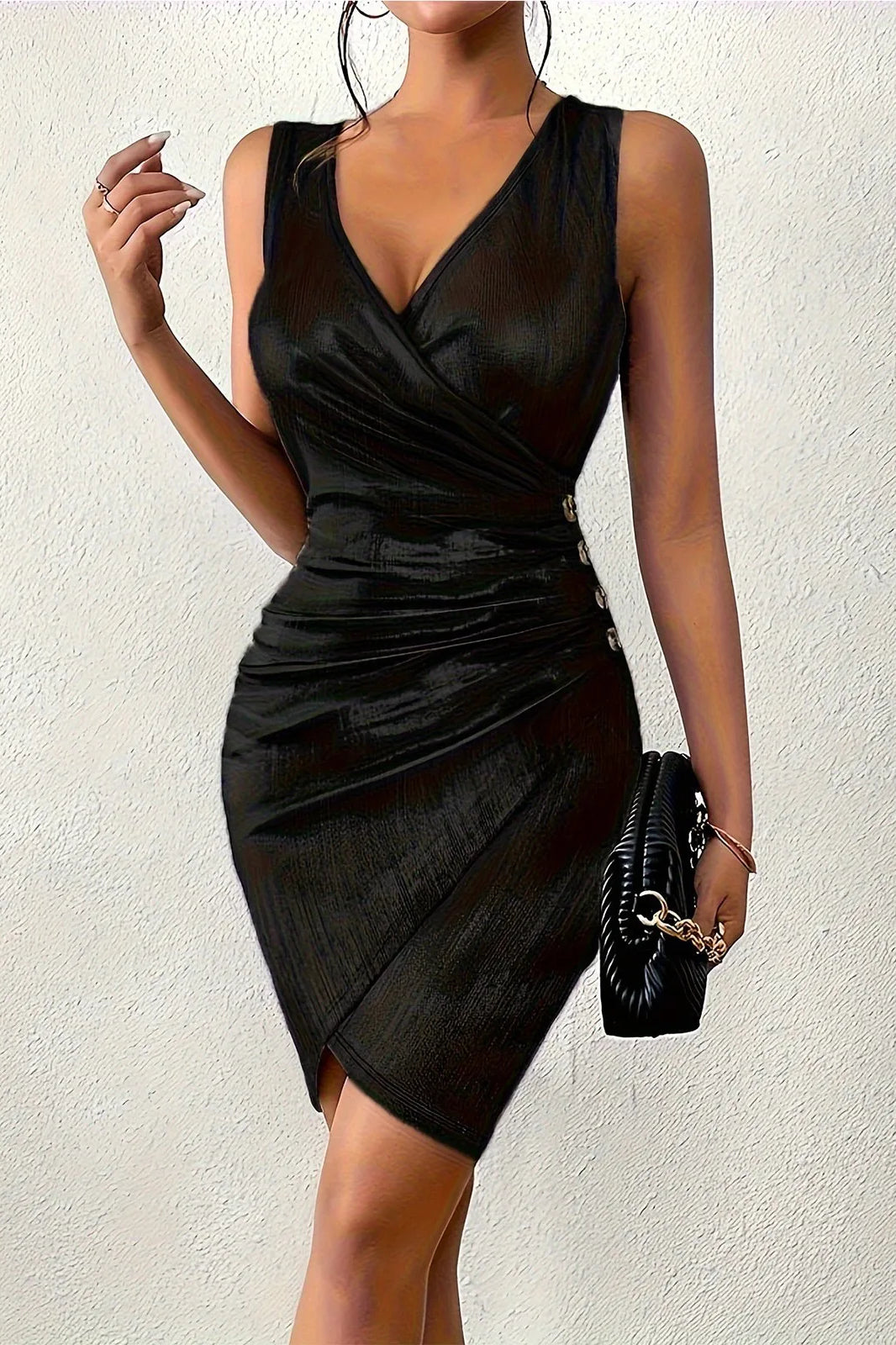 Wrap V-Neck Ruched Button Side Slit Tulip Hem Bodycon Mini Dress