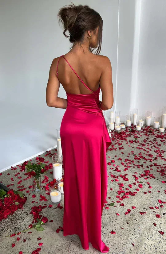 Satin One-Shoulder Ruched Bodice High Slit Column Maxi Gown 15