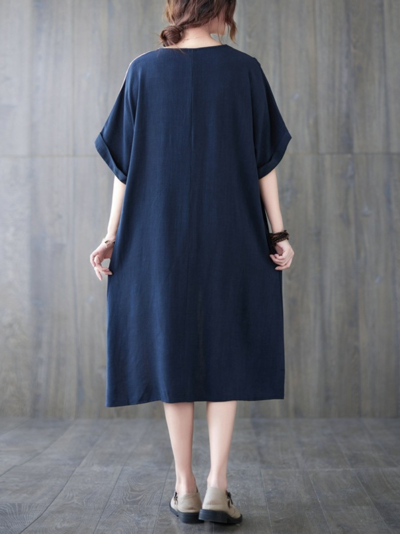 Round Neck Short Sleeve Color Block Panel Linen Midi Dress 3
