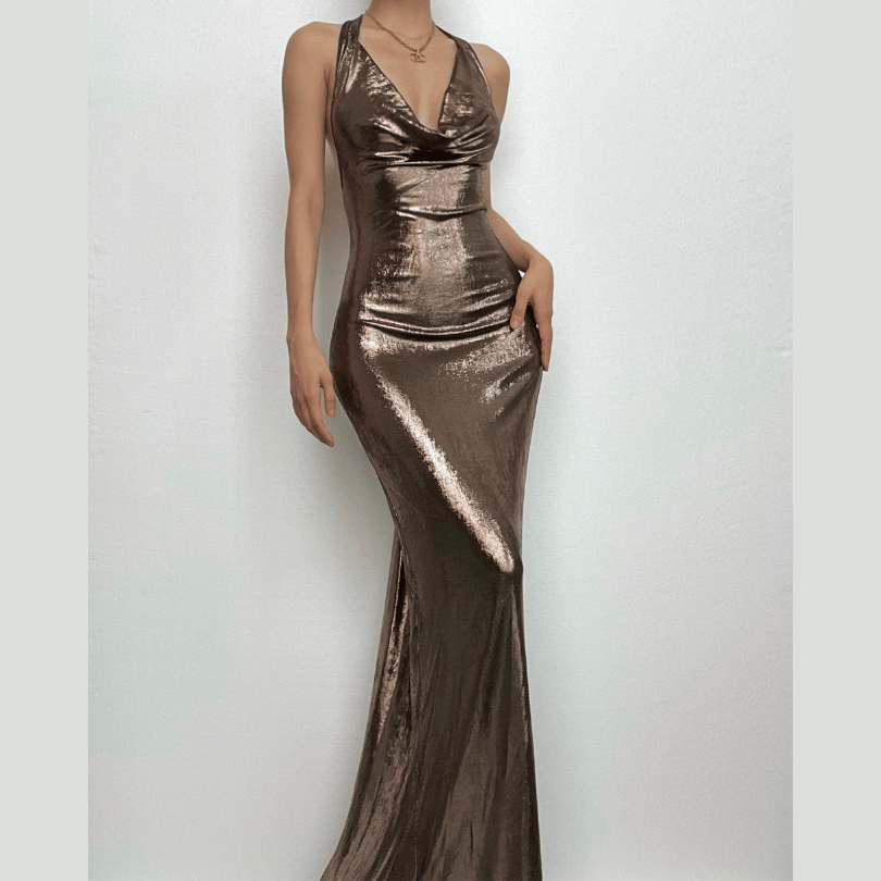 Metallic Cowl Neck Ruched Halter Backless Maxi Gown