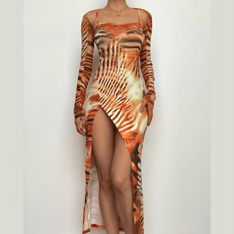 Tiger Print Spaghetti Strap Thigh Slit Bodycon Maxi Dress with Long Sleeve Shrug