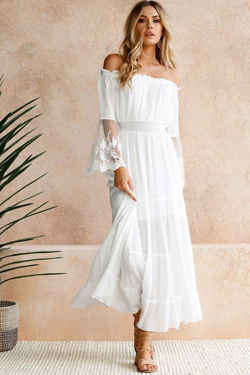 Off Shoulder Smocked Lace Cuff Bell Sleeve Tiered Maxi Dress