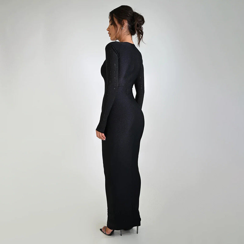 Halter Neck Shoulder Cutout Beaded Sleeve Maxi Gown 4
