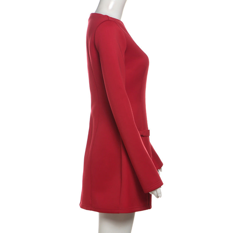 Long Sleeve Bow Pocket Structured A-Line Mini Dress 6