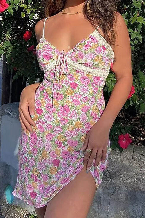 Sweetheart Lace Trim Tie Front Ditsy Floral Mini Dress