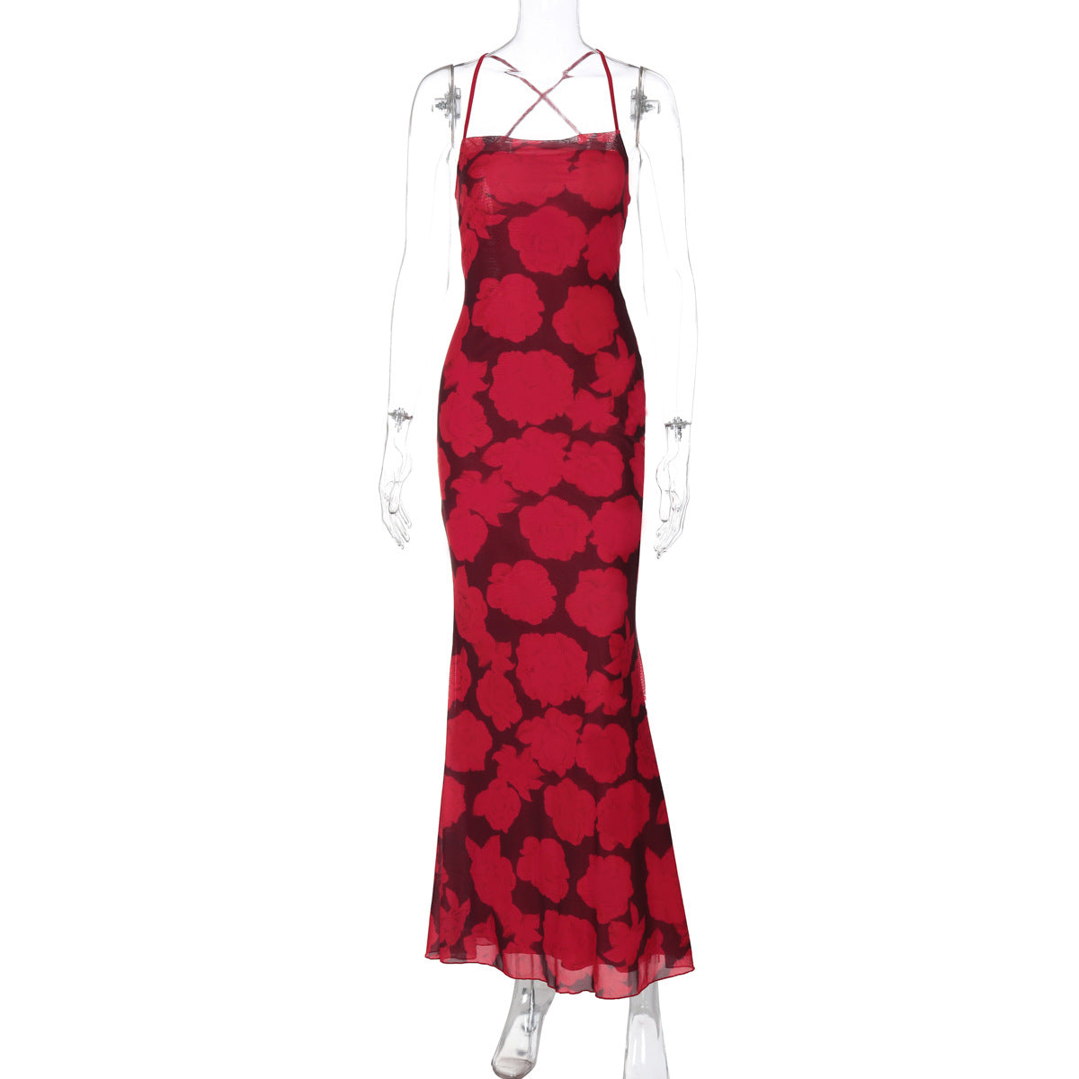 Square Neck Spaghetti Strap Floral Mesh Midi Dress 6