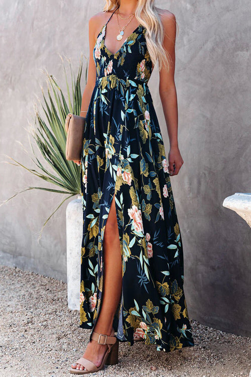 Halter Neck Smocked Waist Floral Print High Slit Maxi Dress 6