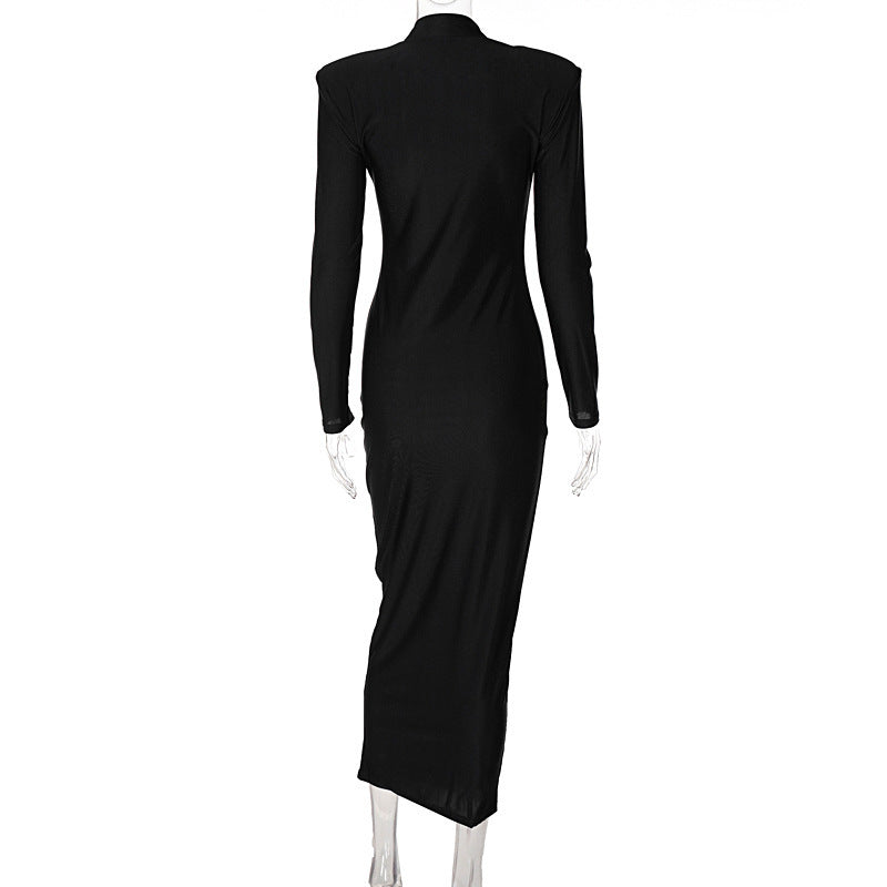 Mock Neck Padded Shoulder Bodycon Long Sleeve Maxi Dress 6