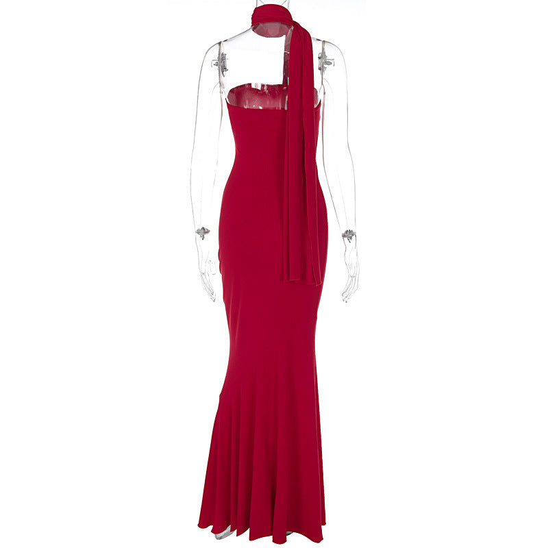Strapless Ribbed Texture Trumpet Mermaid Matching Scarf Maxi Gown 9