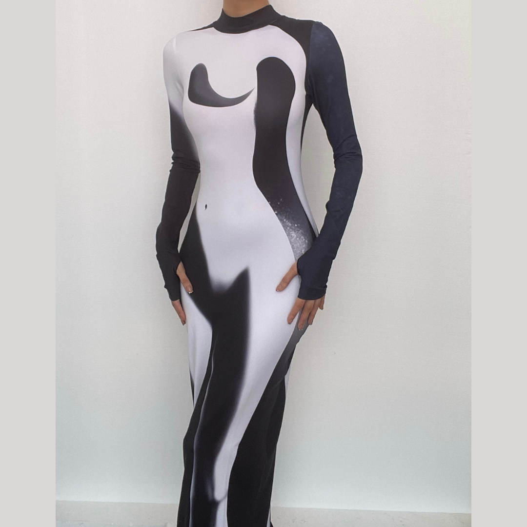 Mock Neck Long Sleeve Shadow Illusion Thumbhole Bodycon Maxi Dress 10