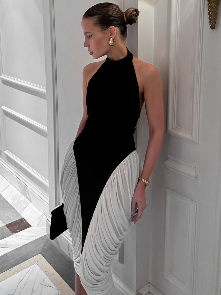 Halter Neck Contrast Panel Ruched Side Drape Midi Dress 6