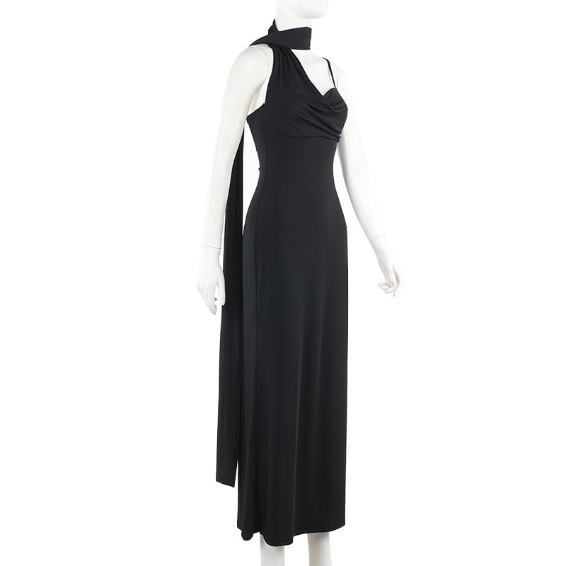 Cowl Neck Spaghetti Strap Mermaid Column Maxi Gown With Neck Scarf 6