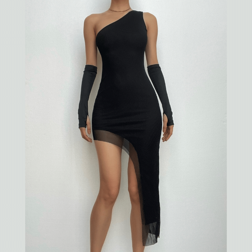 One-Shoulder Asymmetric Hem Sheer Mesh Panel Thumbhole Sleeve Mini Dress