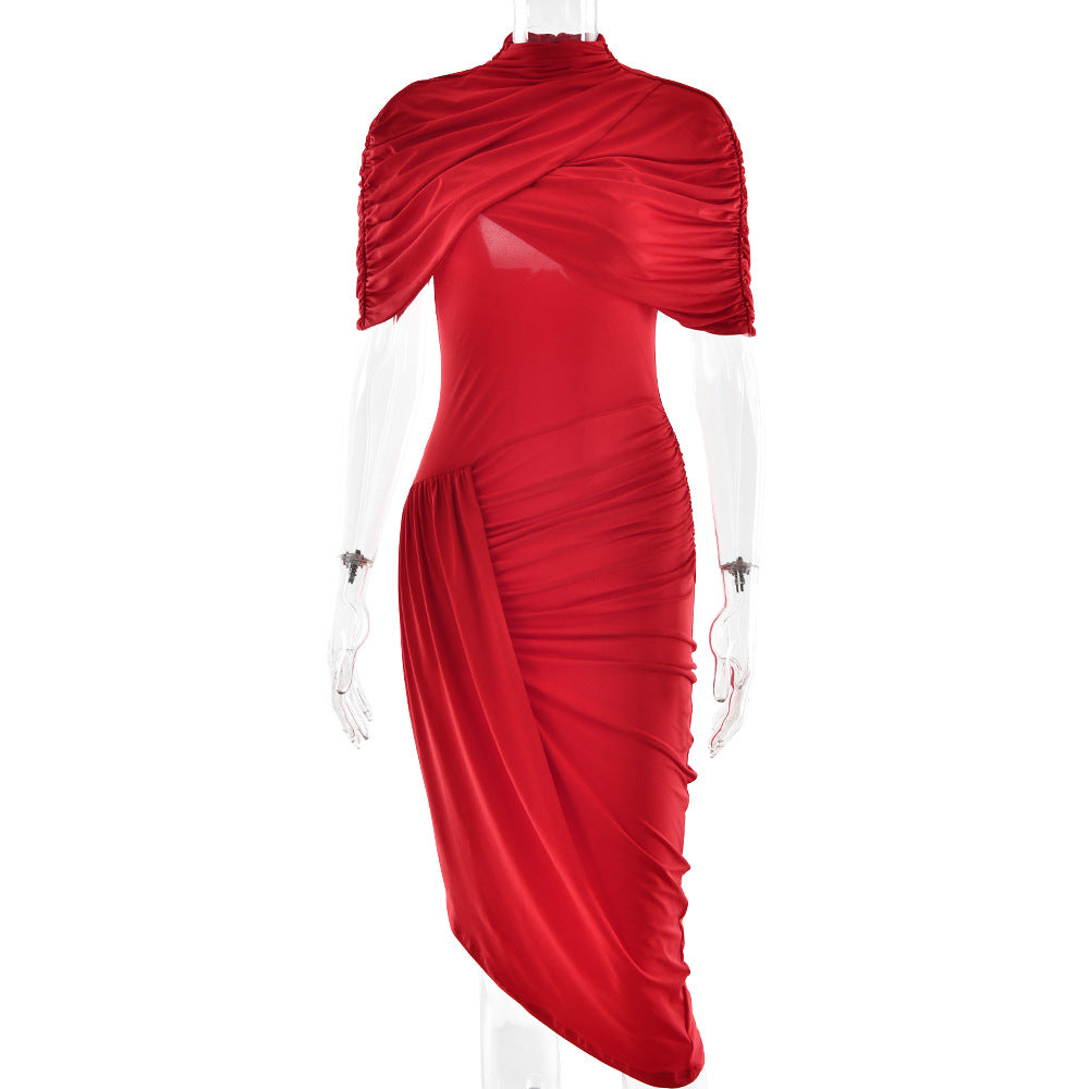Mock Neck Draped Shoulder Ruched Asymmetrical Midi Dress 6