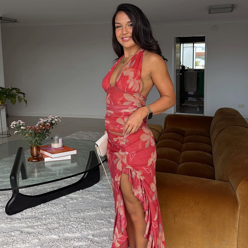 Halter Plunging V Neck Floral Ruched Ruffle Side Slit Maxi Set 6