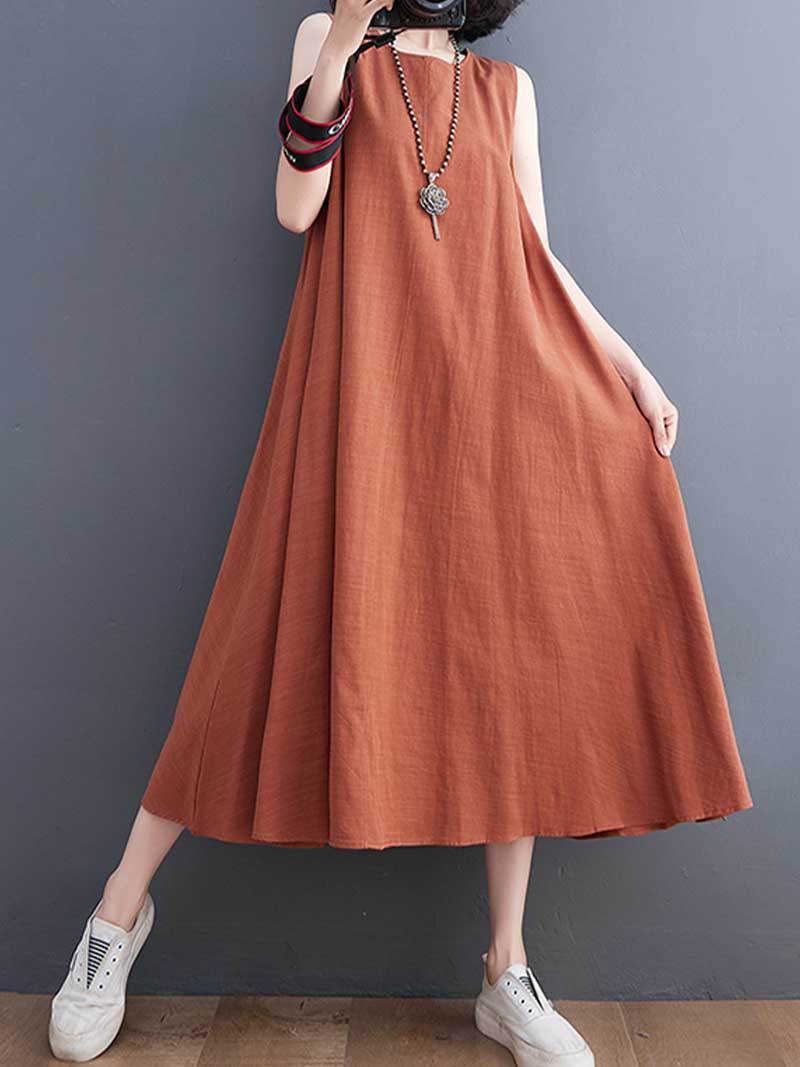 Round Neck Sleeveless Side Pocket Loose A Line Maxi Dress 7