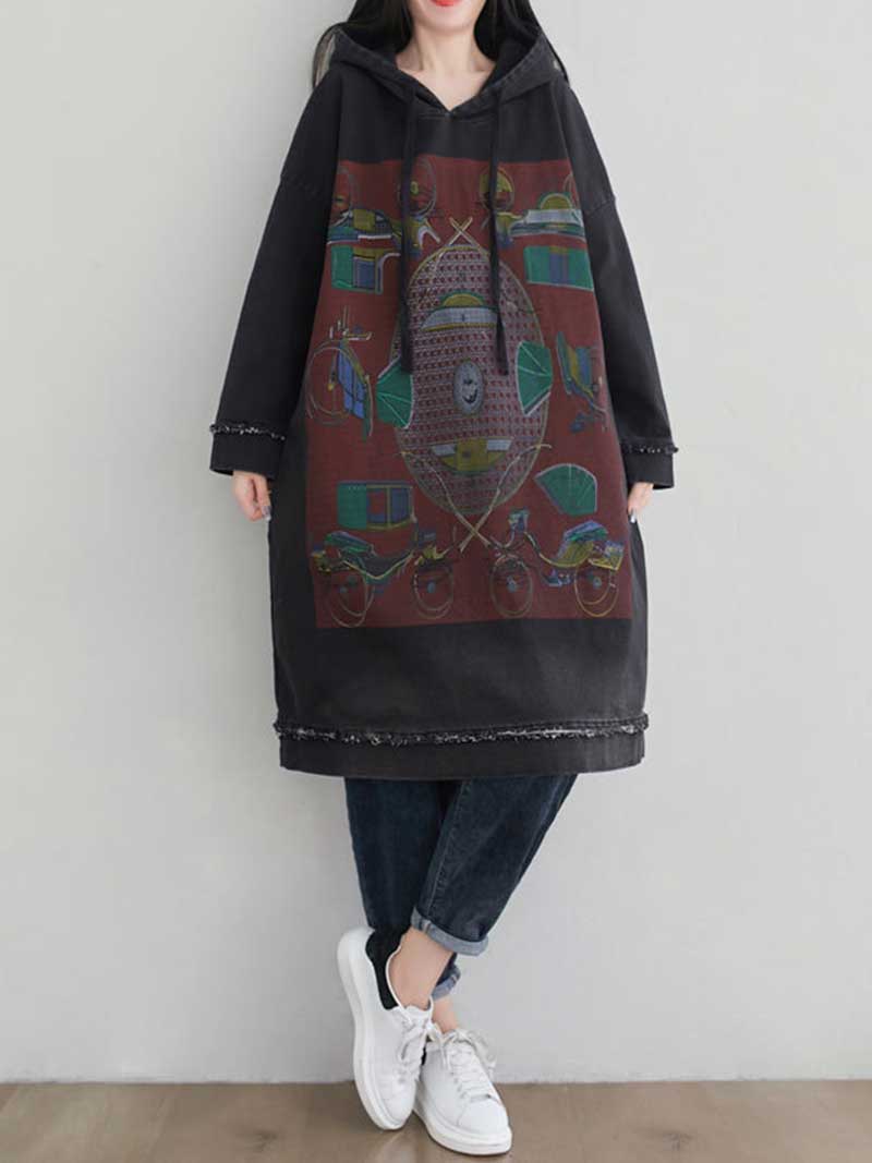 Hooded Drawstring Frayed Hem Graphic Print Oversized Sweatshirt Midi Dress