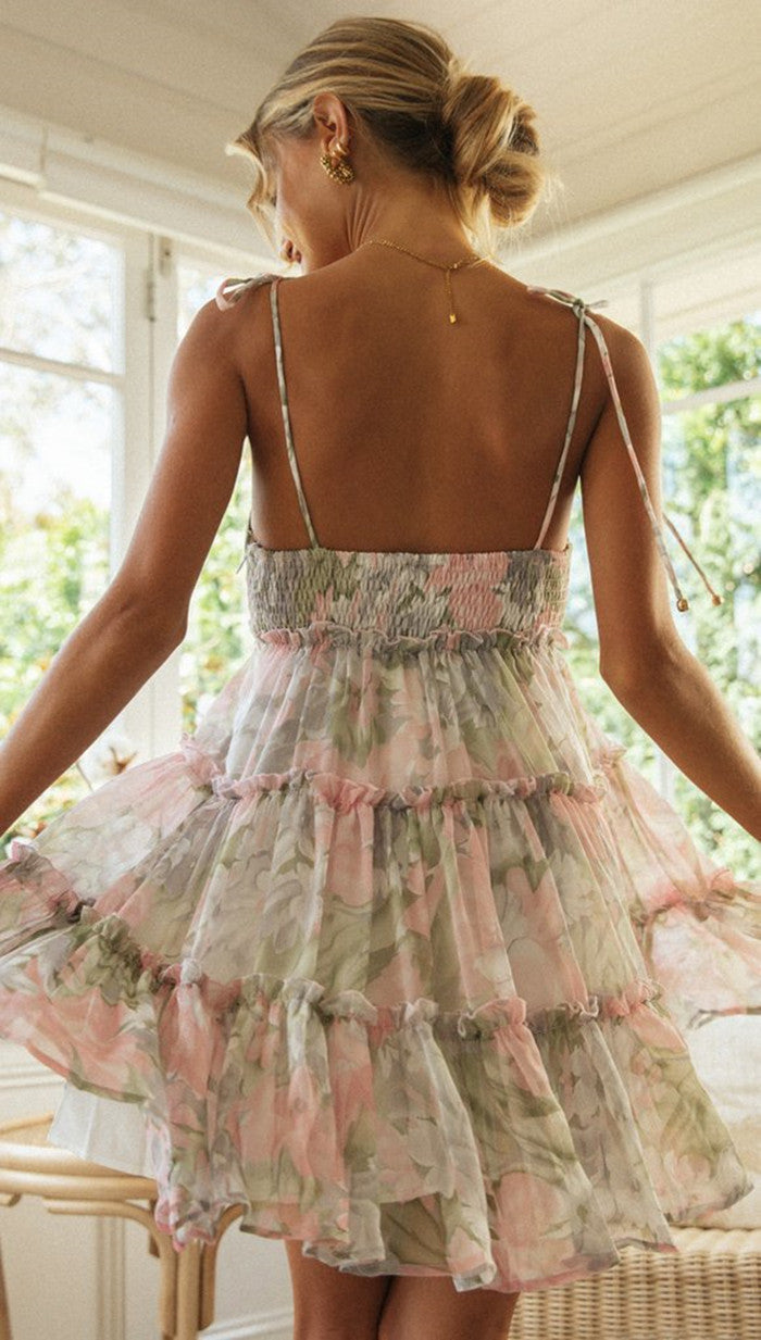 Scoop Neck Tie-Shoulder Spaghetti Strap Empire Waist Tiered Floral Mini Dress 8