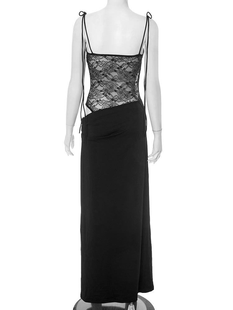 Spaghetti Strap Floral Lace Midriff Panel Column Maxi Dress 6