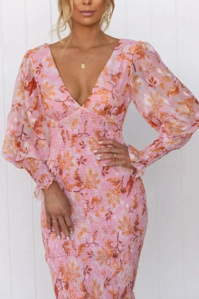 Floral Print Deep V-Neck Balloon Sleeve Smocked Trumpet Hem Midi Dress 3