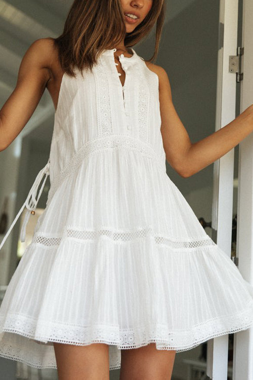 Button Front Lace Trim Empire Waist Tiered Babydoll Mini Dress 4