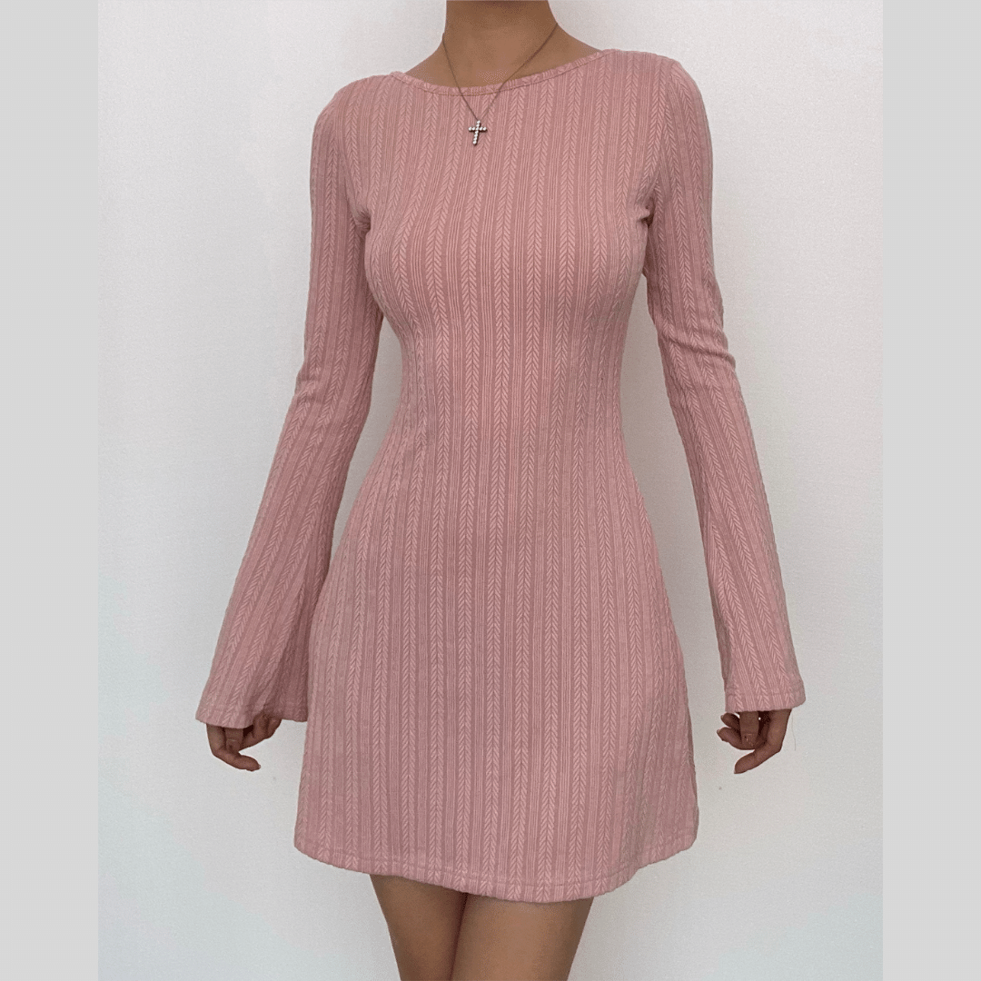 Boat Neck Textured Knit Long Sleeve Bodycon Mini Dress 2