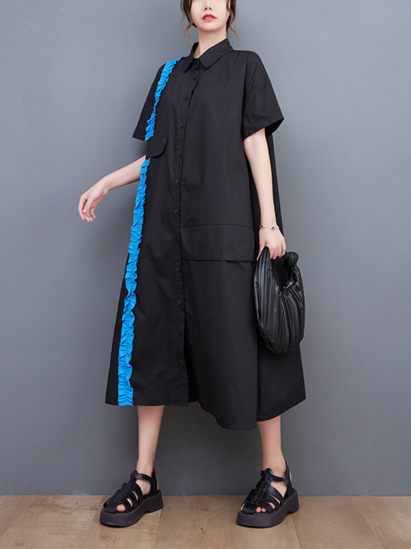Collared Button Front Ruffle Trim Pocket Shirt Midi Dress 2