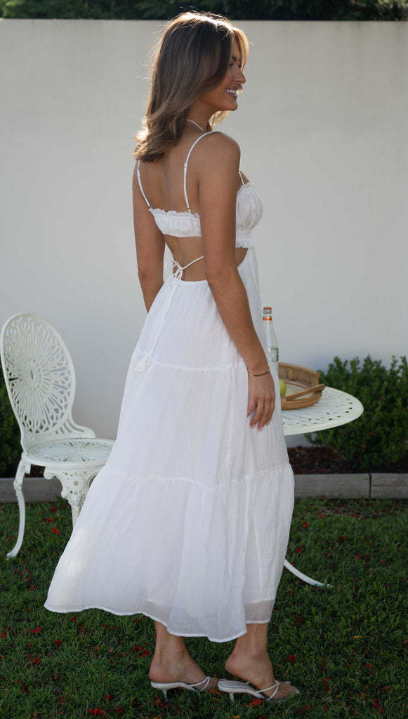 Spaghetti Strap Smocked Tie Tassel Side Cutout Tiered Crinkle Maxi Dress 5