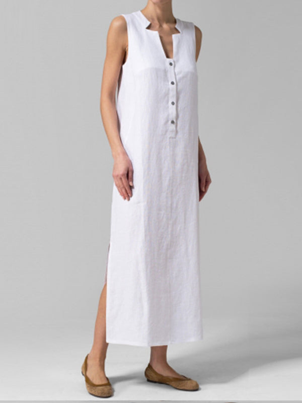 Sleeveless Notched Collar Button Front Linen Maxi Dress with Side Slits 6