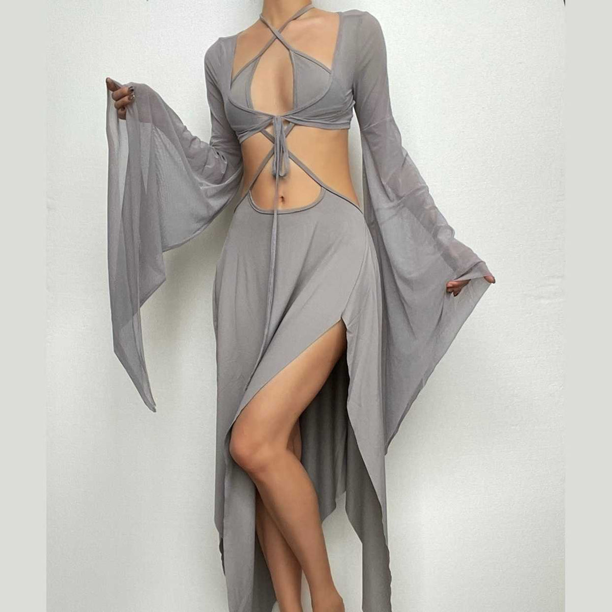 Halter Keyhole Self Tie Bell Sleeve Shrug Cutout Side Slit Handkerchief Hem Midi Dress 10