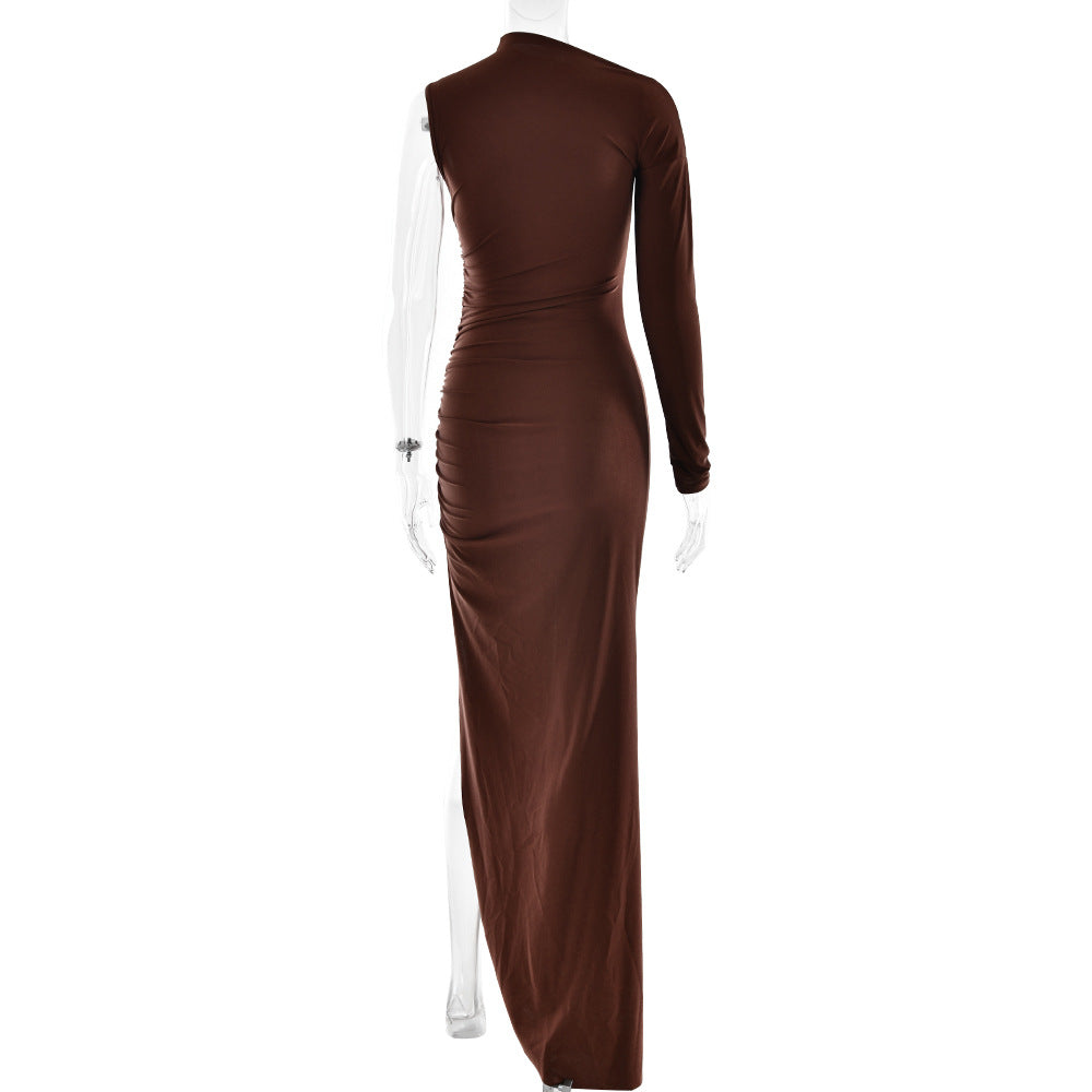 One Sleeve Mock Neck Ruched High Slit Jersey Maxi Dress 6