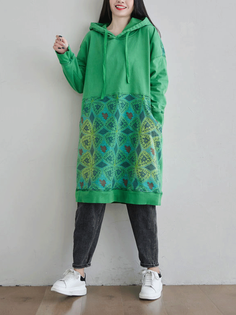 Hooded Kangaroo Pocket Geometric Print Oversized Mini Sweatshirt Dress 6