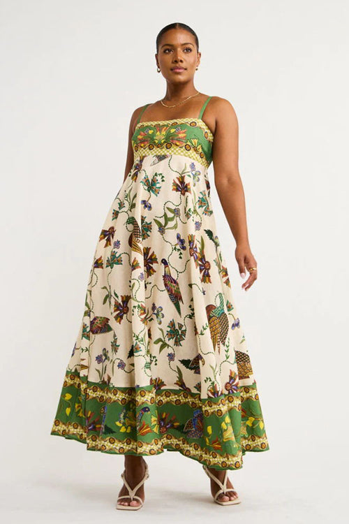 Spaghetti Strap Empire Waist Bird Botanical Border Print Pocket Maxi Dress 7