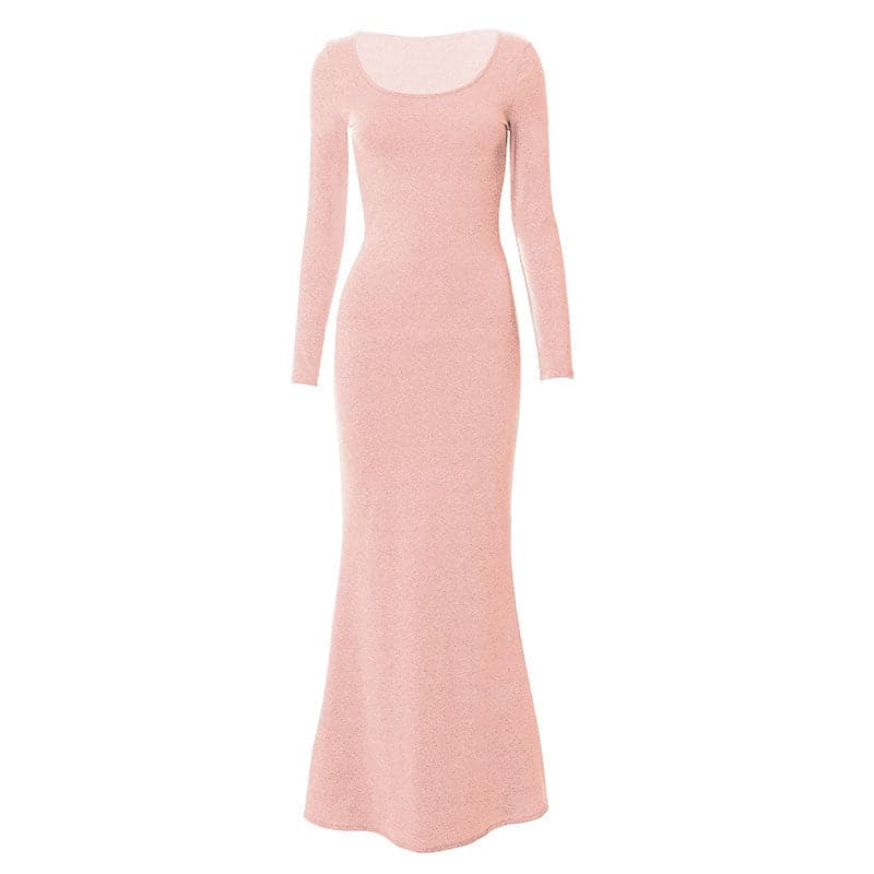Scoop Neck Long Sleeve Mermaid Hem Knit Bodycon Maxi Dress 14