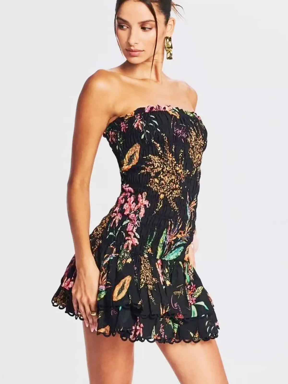 Strapless Smocked Bodice Tiered Ruffle Scalloped Lace Trim Tropical Print Mini Dress 5