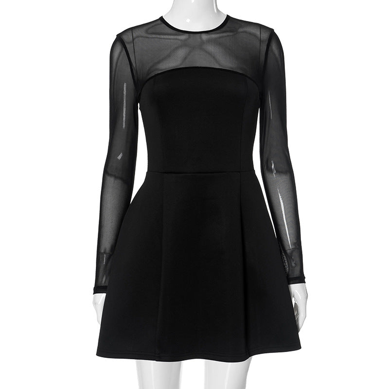 Sheer Mesh Yoke Long Sleeve Fit and Flare Skater Mini Dress 6