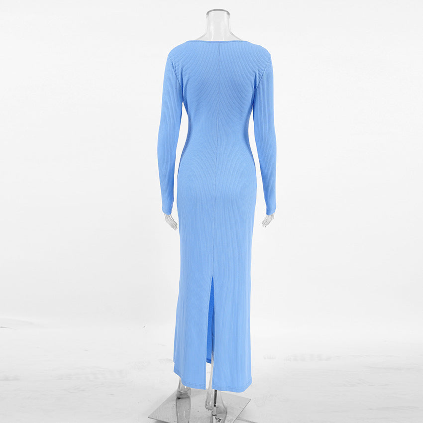 Halter Deep V Ruched Bodice Center Panel Drape Maxi Gown 6