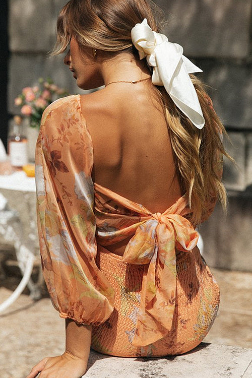 Square Neck Balloon Sleeve Ruched Smocked Floral Print Mini Dress 6